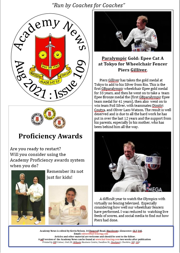Academy News August 2021 Issue 109 British Academy of Fencing